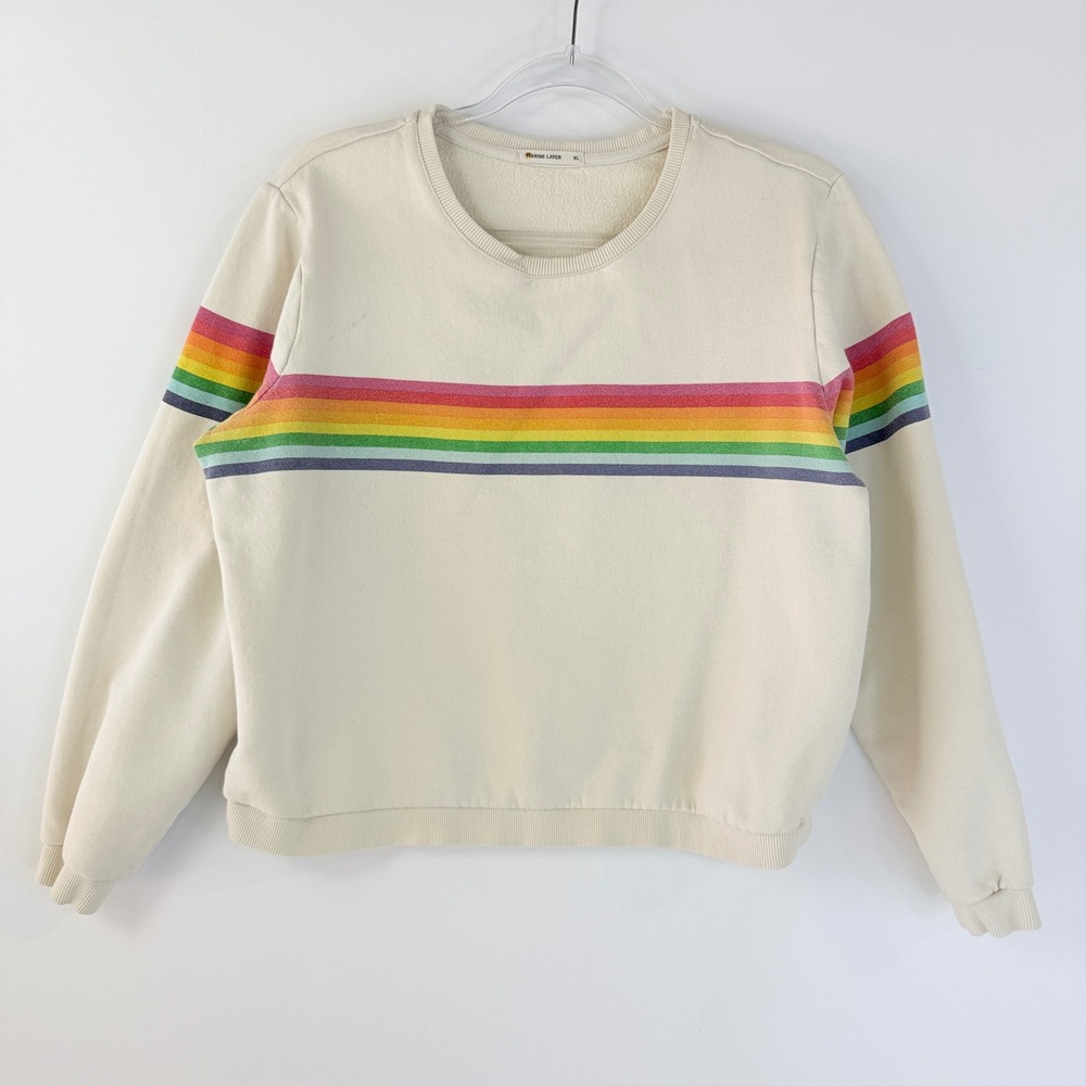 Marine Layer Cloud 9 Fleece Crop Sweatshirt Womens XL White Rainbow Stripe 15085